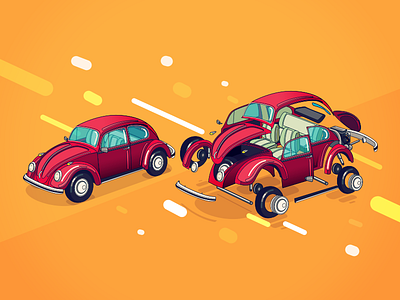 Beetle Parts car illustration isometric parts red vocho volkswagen vw