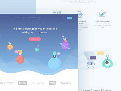 Customer Service Startup Landing Page alien communication crm cute galaxy illustration monster moon planet robot sky website