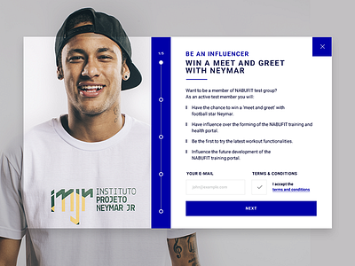 NABUFIT Influencer modal bullets checkbox flow form input modal progress sign up sports