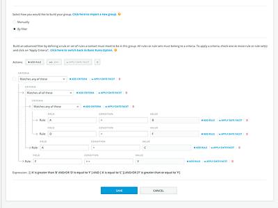 Advanced Group Filter advanced filter criteria crm data filter facets group query query builder rule builder rules