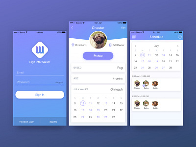 Walker app calendar dog mobile schedule sign in ui ux