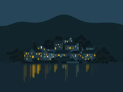 Village home house landscape lights living night people reflection river bank rural village water