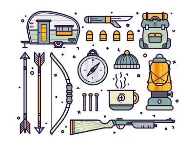 Hunting & Camping backpack bow and arrow brooklyn nyc camping rv compass hunting illustration knife lantern shot gun summer wilderness