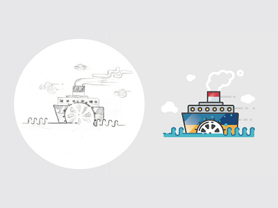 Steam ship - from sketch to result flat illustration marine ocean outline pictogram process sea ship sketch vector wave