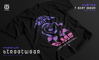 Y2K Streetwear T-shirt Design - Purple & Pink Rose Flower bold typography custom design fashion design fashion illustration floral design floral streetwear graphic design graphic tee modern streetwear pink rose purple rose rose graphic streetwear fashion t shirt design urban fashion y2k streetwear