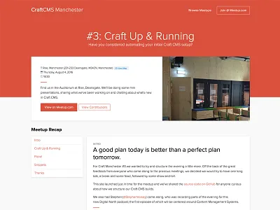 Manchester Meetup Page clean club studio craft cms event minimal recap timeline ui ux