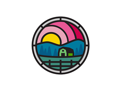 Somewhere in Norcal on acid... badge barn circle groovy icon lines mountains psychedelic sun sunrays thick lines trees