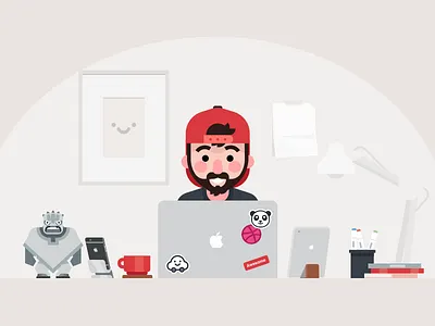 Workspace apple beard desk flat freelance illustration mac me sticker tequila toy workspace