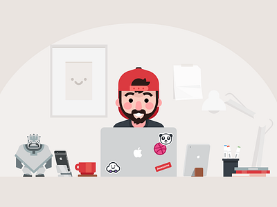 Workspace apple beard desk flat freelance illustration mac me sticker tequila toy workspace