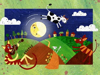 Jumping Cow cat childrens dish dog illustration nursery rhyme poem spoon