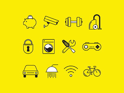 Line icon set - accommodation amenities bicycle car cctv controller dumbbells laundry line icons piggy bank shower simplistic vacuum wifi