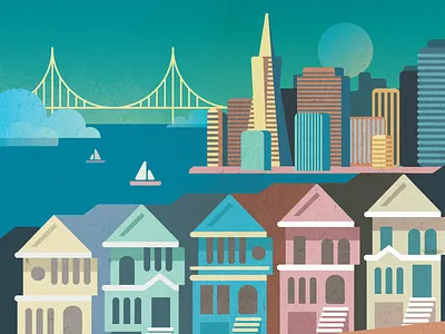 San Francisco bay bay area boats bridge california city cityscape golden gate illustration painted ladies san francisco sf skyline texture transamerica victorian house