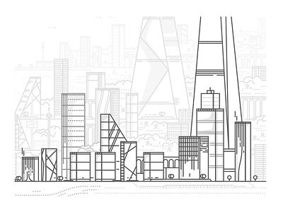 The City black buildings city line lineart sea vector white