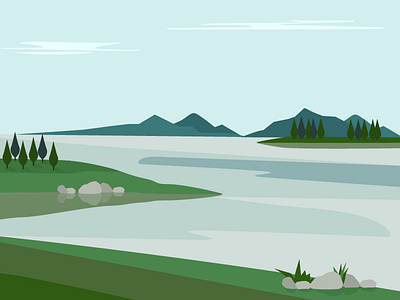 Landscape flat design greenery lake mountains nature sky trees water