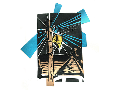 Telephone pole analogue ink linocut paper print