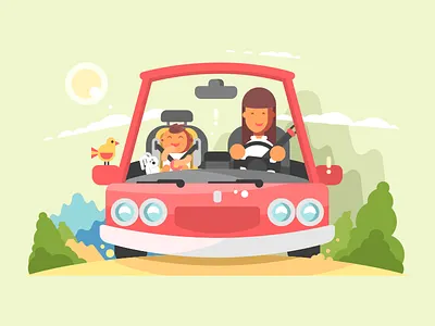 Car safe driving car character child drive flat illustration kid kit8 mother safe vector woman
