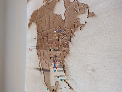 Detail Shot Lasercut North America on Wood lasercut north america pins travel usa wood