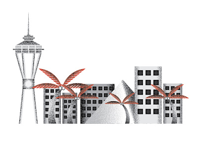 Palm Trees & Buildings buildings grain illustration palm trees space needle vegas