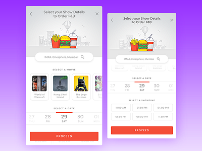Select Your Movie Show Details to Place an F&B Order burger cinema date picker food beverage food icons fries movie scroll show selection ui