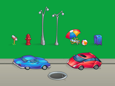 Background Objects car game hydrant mail post road street light umbrella vector