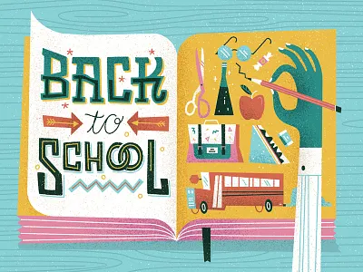 Back to School character drawing editorial flat hand illustration lettering retro school texture typography vintage