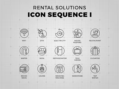 Rental Solutions - Icon Set dth elevator house keeping microwave restaurant sofa tap television wardrobe water wifi