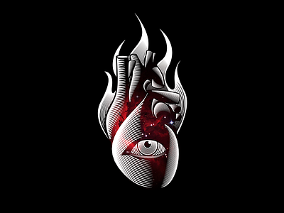 Fire Love digital engrave etching eye heart illustration lines vector