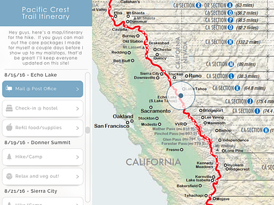 DailyUI - #079 - Itinerary 079 apple bed california dailyui itinerary mailbox map nevada smiley trail map tree