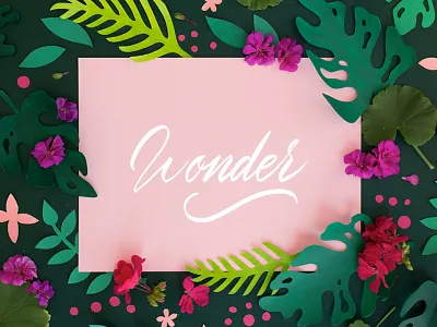 Wonder cut paper floral flowers green leaf leaves lettering paper pink script type