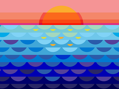 Rise aqua blue illustration ocean pink sky sun sunrise sunset water waves