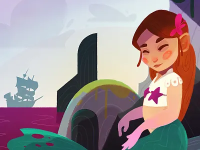 The Mermaid child digital painting girl illustration little mermaid mermaid photoshop pirate purple ship
