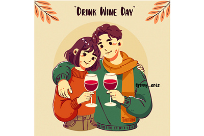 Drink Wine Day with Cheerful Couple Toasting with Wine Glasses adult alcohol autumn beverage cartoon celebration character cheers couple culture drink fall girl human man people person traditional wine woman