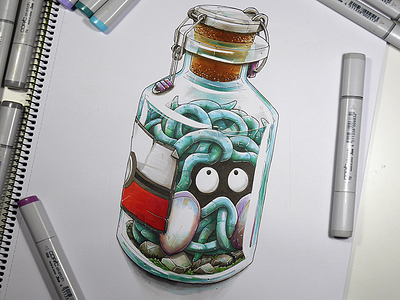 Pokemon Tangela catched in a vintage Pokeball : a Pokebottle copic manga markers pokeball pokemon tangela