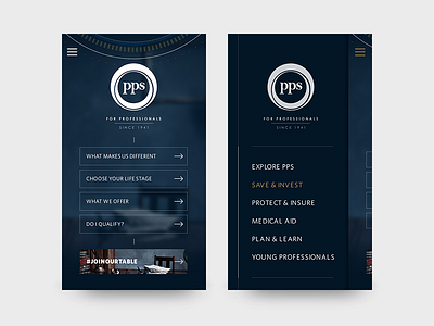 Website ui card: PPS Insurance (mobile) brochure website insurance mobile navigation responsive slide out nav sophisticated ui user interface design ux web website