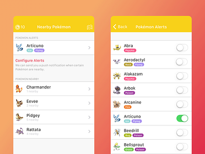 PokéLoké Alerts alert app controls interface ios iphone list mobile pokemon settings ui ux