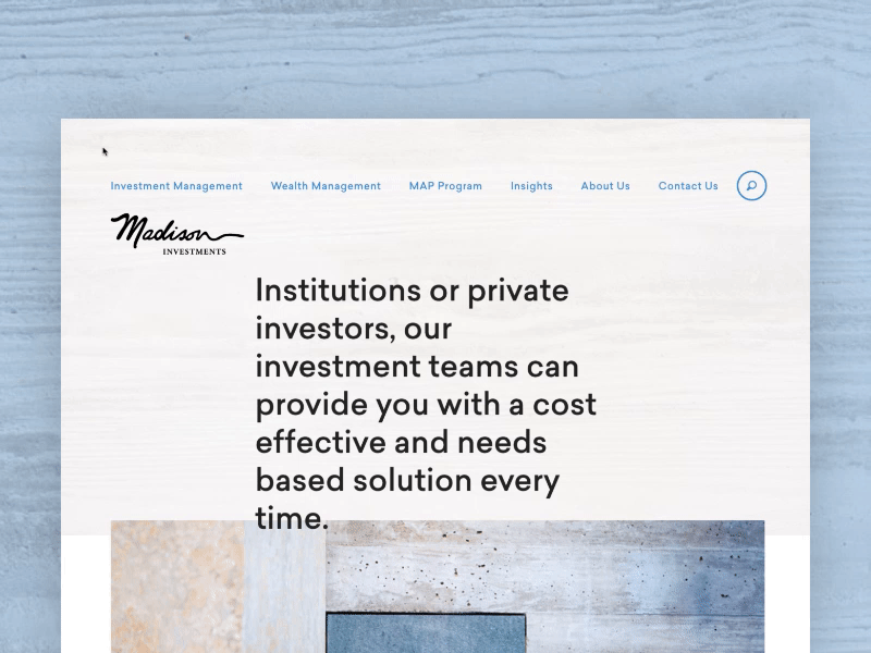 Madison Investments blue buttons clean hover interactions interactive modern rollover search website