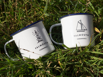 Falmouth Enamel Mugs blackrock cornwall enamel falmouth illustration laser etched monster morgawr mug simple working boat