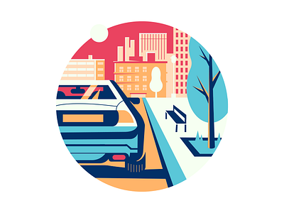 Car parked back car circle city flat illustration kit8 landscape parking round vector