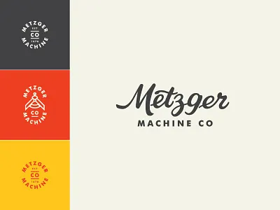 Metzger Machine Co. badge charcoal icon identity lockup logo red script yellow
