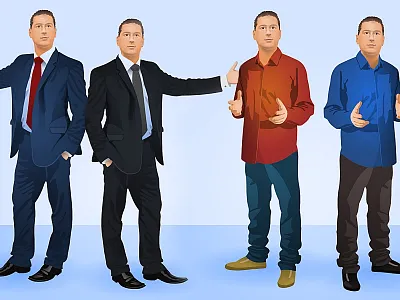 Manager Presenting black blue face illustration man person red shirt standing suit work