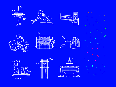 Seattle-Glyphics ferry gasworks lighthouse market mountain needle park rainier seattle space spu troll