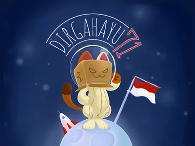 Dirgahayu 71! 71 astronaut cat dirgahayu flag illustration independence day indonesia kerja nyata moon puss in box space