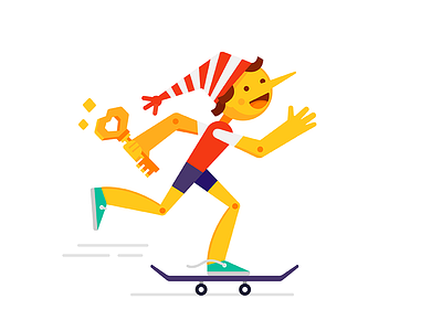 Golden Key boy character child fairy tale flat gold illustration key pinocchio skateboard vector