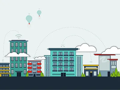 City balloons city clouds flat hot air balloons illustration office buildings offices outline signal