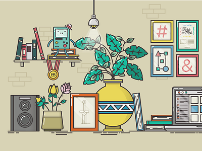 Desk Setup pt. 2 bmo design desk illustration illustrator laptop linework plants vector workspace