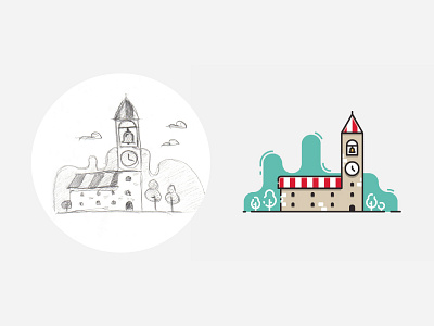 Clock tower illustration – from sketch to result. clock clock tower flat icon illustration infographic outline process sketch tower vector visualization