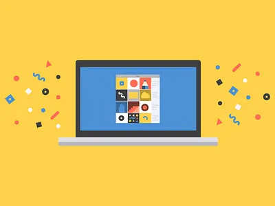 Lingo App Illustration brand color computer confetti icons illustration visual asset manager yellow