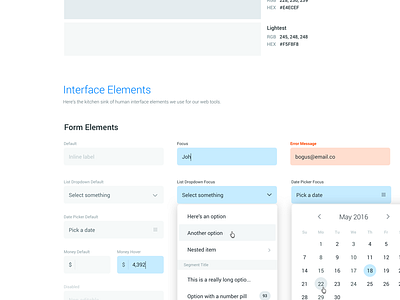 Style Guide Interface Elements buttons date selector form interface pills search text field type ahead ui web