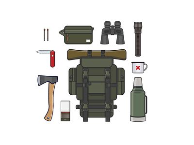 Wanna know what's intense? Camping. axe backpack bag binoculars flashlight illustration knife lineart matches thermos vector vectorart