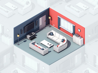 Living room building house island isometric lowpoly model render room tree